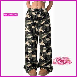 Women's Fuzzy Pajama Pants Leopard Print Teddy Lounge Pants